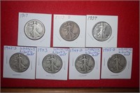 (7) Walking Liberty Half Dollars 1917 to 1945D Mix