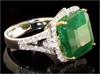 18kt Gold 14.39 ct Step Cut Emerald & Diamond Ring