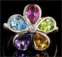 Genuine Gemstone & Diamond Accent Flower Ring