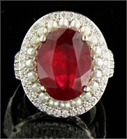 14kt Gold Oval 13.65 ct Ruby + Diamond Pearl Ring