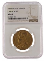 1851 Brazil Large Bust 20,000 Gold Reis Coin
