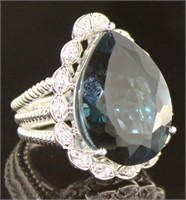 Genuine 27.30 ct Pear London Blue Topaz Ring