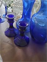 BLUE VASES AND CANDLE STICK HOLDERS