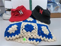 2 Nebraska Floppy Hats & Afghan Blanket