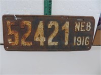 Antique 1916 NEB Nebraska 52421 License Plate