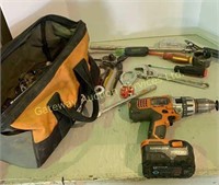 Assorted Tools in Ridgid Bag, Ridgid 18 Volt Drill