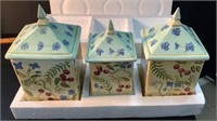 3 hand painted ceramic canisters