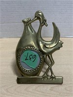 Brass Stork With A Bundled Baby Pocket Watch Desk