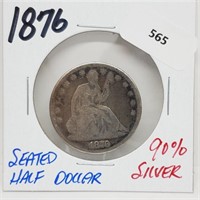 1876 90% Silver Seated Half $1 Dollar