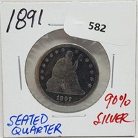 1891 90% Silver Seated Quarter 25 Cents