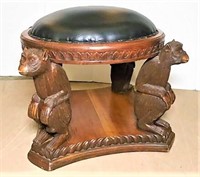 Ornate Wood Stool with Carved Monkeys