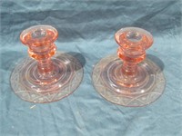 2 Pink Depression Glass Candle Holders 3" T
