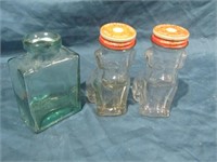 3 Small Glass Jars Green is 3 1/2" T
