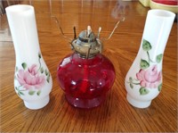 Red Oil Lamp with 2 Floral Gobes