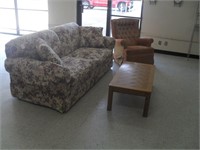 UPHOLSTERED SOFA, CHAIR & OAK COFFEE TABLE