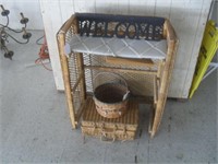 WICKER SHELVING, 2 BASKETS AND WALL SIGN