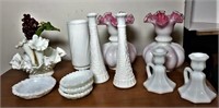 White and Pink Glass Ruffle Vases
