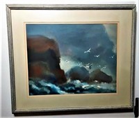 Signed Framed Cliff  Watercolor