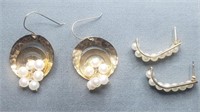 2 X Bid 14k Yellow Gold & Pearl (faux) Earrings