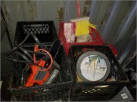 Three crates of miscellaneous including chainsaw