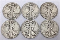 6 Walking Liberty Half Dollar Coins