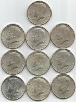 (10) 1964-D Silver Kennedy Half Dollars