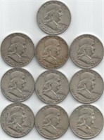 (10) 1954-D Franklin Half Dollars