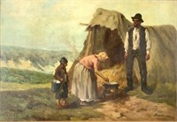 Ferenc Krupka Painting of Family Cooking Outdoors.