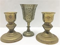 Brass Ornately Carved Goblet & Candlesticks