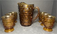 Brown Fostoria Pitcher and Glasses