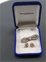 TRAY: VICTORIAN SEED PEARL CORAL PIN & EARRINGS