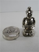 SILVERPLATE BOBBY COIN BANK, REPOUSE ROUND BOX