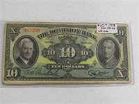 TRAY: 1938 THE DOMINION BANK $10 BANK NOTE