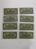 TRAY: EIGHT 1937 BANK OF CANADA $1 BANK NOTES