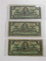 TRAY: THREE 1937 BANK OF CANADA $1 BANK NOTES