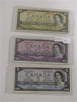 TRAY: THREE 1954 BANK OF CANADA BANK NOTES