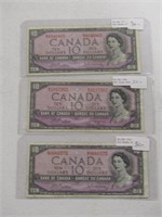 TRAY: THREE 1954 BANK OF CANADA  $10 BANK NOTES
