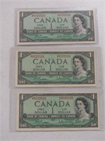 TRAY: THREE 1954 BANK OF CANADA $1 BANK NOTES