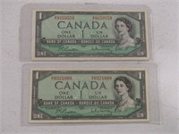 TRAY: TWO 1954 BANK OF CANADA $1 BANK NOTES