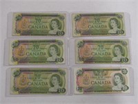 TRAY: SIX 1969, 1979 BANK OF CANADA $20 BANK NOTES