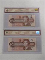 TRAY: TWO GRADED 1986 BANK OF CANADA $2 BANK NOTES