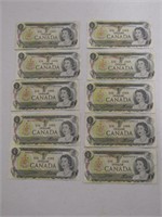 TRAY: TEN 1973 BANK OF CANADA $1 BANK NOTES
