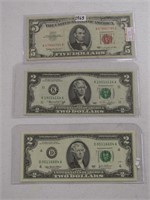 TRAY: 1963 USA $5, TWO 1976,2003 USA $2 BANK NOTES