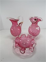3- CHALET & OTHER RUFFLED CRANBERRY GLASS PIECES
