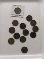 TRAY: APPROX. 13 CDN LARGE CENTS 1859-1919