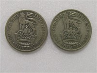 TRAY: TWO 1929 BRITISH SILVER SHILLINGS