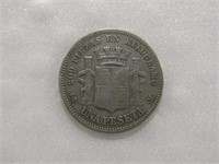 TRAY: 1869 UNA PESETA SPANISH SILVER COIN