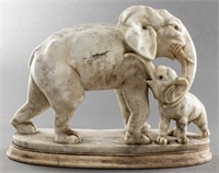 Polished Marble Sculpture / Elephant Mother & Calf