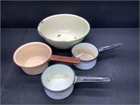 Enamelware Bowl & Sauce Pans