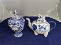 Vintage Blue & White Ceramic Teapot & Vase